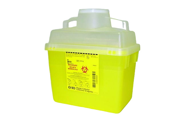 Yellow sharps container with biohazard label on a yellow surface