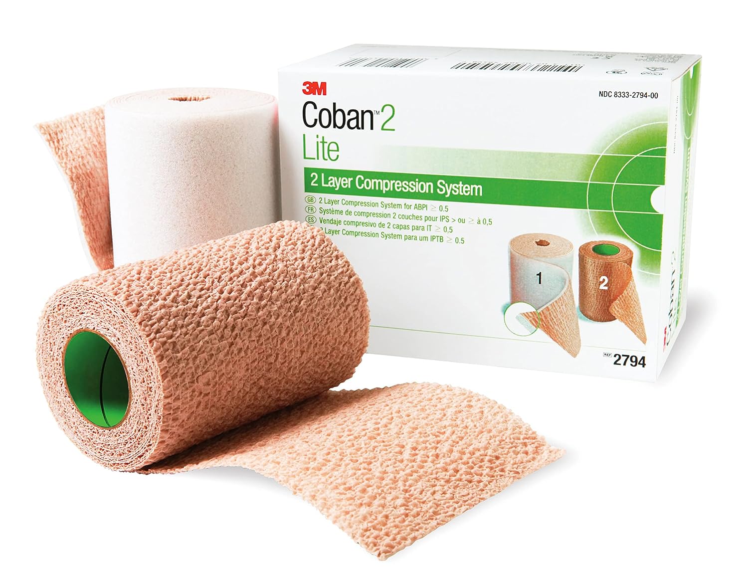 (2 Rolls) Coban 2 Layer Lite Compression System,4In  X 2.9Yds, 3In X 3.5Yds Unstretched, Latex-Free