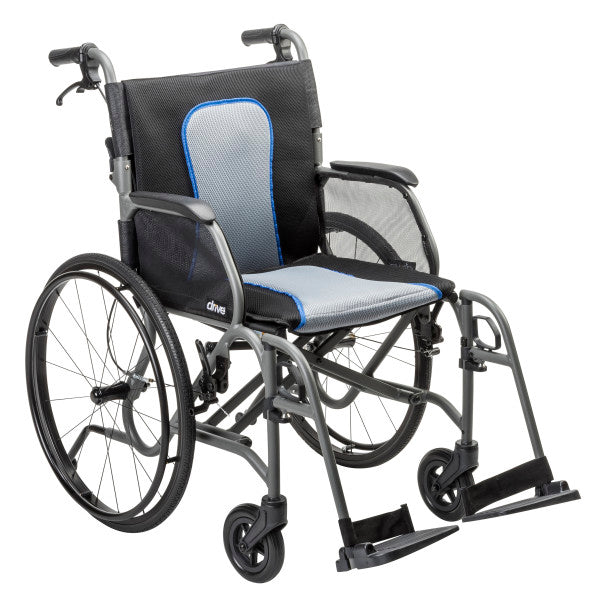 Wheelchair with black frame and blue seat on a white background