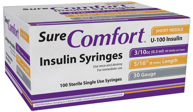 Sure Comfort Insulin Syringe, 30g, 5/16in (8mm), 3/10cc - BeHope