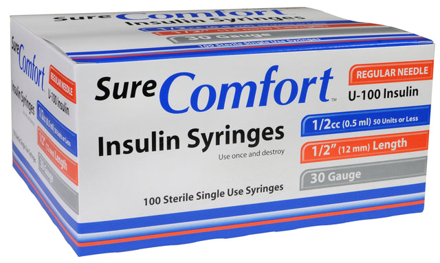 Sure Comfort Insulin Syringe, 30g, 1/2in (12mm), 1/2cc - BeHope