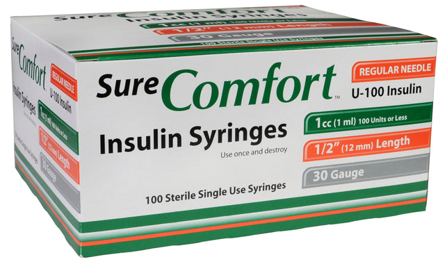 Sure Comfort Insulin Syringe, 30g, 1/2in (12mm), 1cc - Box Of 100 - BeHope