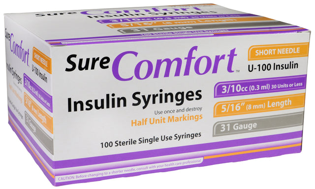 Sure Comfort Insulin Syringe, 31g, 5/16in (8mm), 3/10cc - BeHope