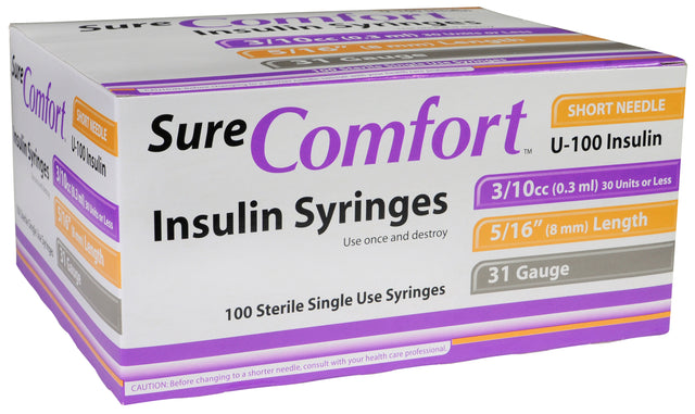 Sure Comfort Insulin Syringe, 31g, 5/16in (8mm), 3/10cc, 1/2 Unit - BeHope