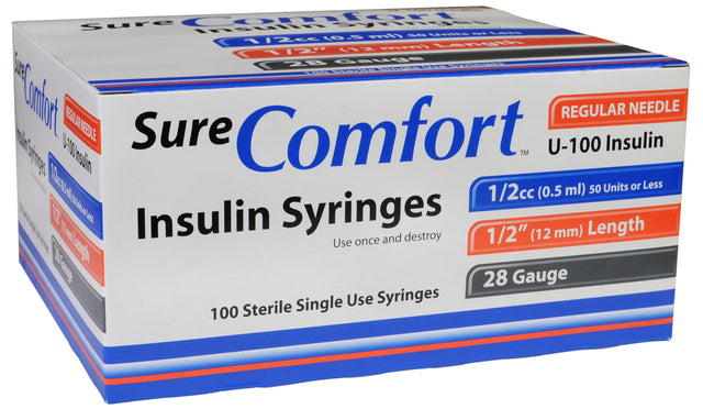 Sure Comfort Insulin Syringe, 28g, 1/2in (12mm), 1/2cc - BeHope