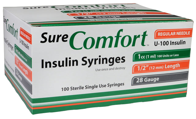 Sure Comfort Insulin Syringe, 28g, 1/2in (12mm), 1cc - BeHope