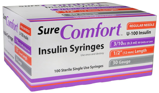 Sure Comfort Insulin Syringe, 29g, 1/2in (12mm), 3/10cc - BeHope