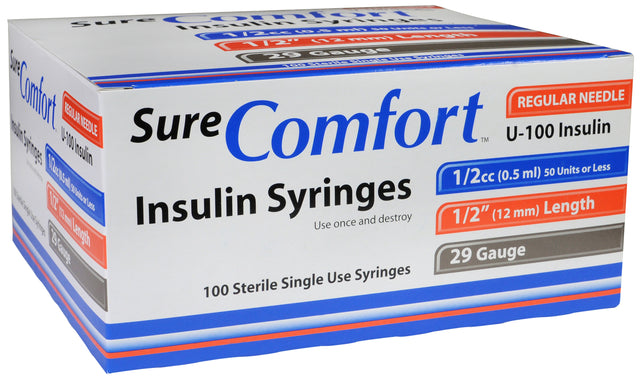 Sure Comfort Insulin Syringe, 29g, 1/2in (12mm), 1/2cc - BeHope