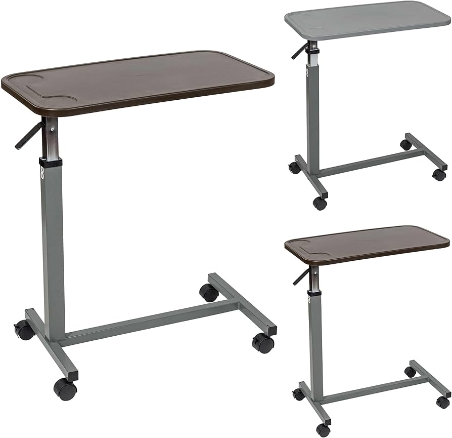 Overbed Table Adjustable Height With Vinyl Wrapped Raised Spill Proof Edge Top Mahogany Each - BeHope
