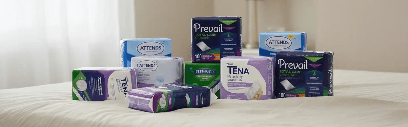 Assorted boxes of incontinence products on a bed