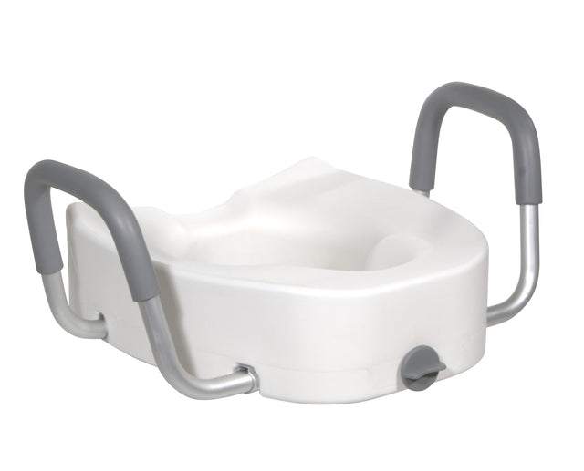 Premium Plastic Raised Toilet Seat With Lock And Padded Armrests, Elongated - BeHope