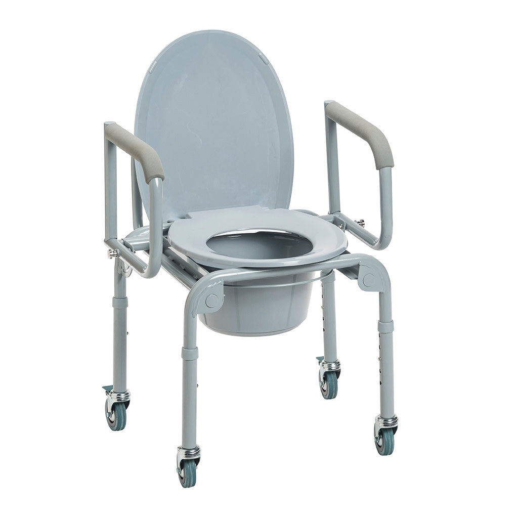 Steel Drop-Arm Commode with Wheels and Padded Armrests - BeHope