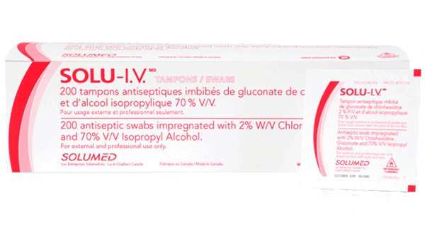 Bx/200 Solu-IV 2% Gluconato de Clorhexidina 70% Alcohol, Hisopos Pequeños.