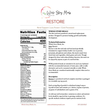 Oral Supplement Whole Story Meals Restore Renal Support Powder 16 oz.