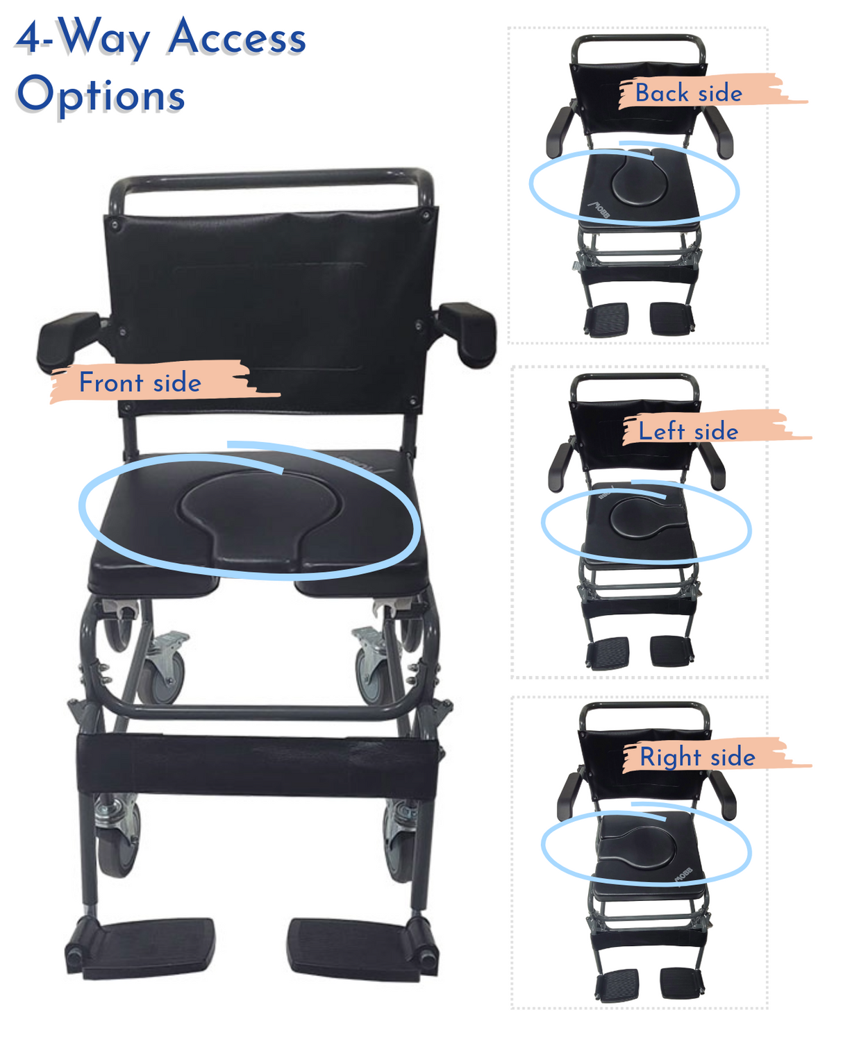 4 Way Padded Steel Commode Chair with Wheels