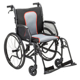 Wheelchair with black frame and gray seat on a white background