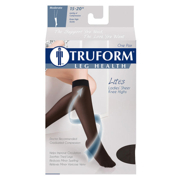 Pr/1 Truform Ladie'S Lites Support Knee High Close Toe 15-20Mmhg Black Large