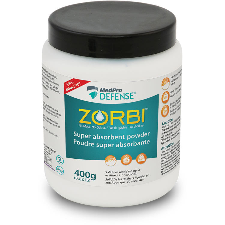 Poudre absorbante Zorbi Ea/1 pour écoulement corporel et fluides, pot de 400 g