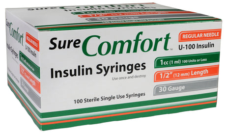 BX/100 SURE COMFORT INSULIN SYRINGE, 30G, 1/2IN (12MM), 1CC - BeHope