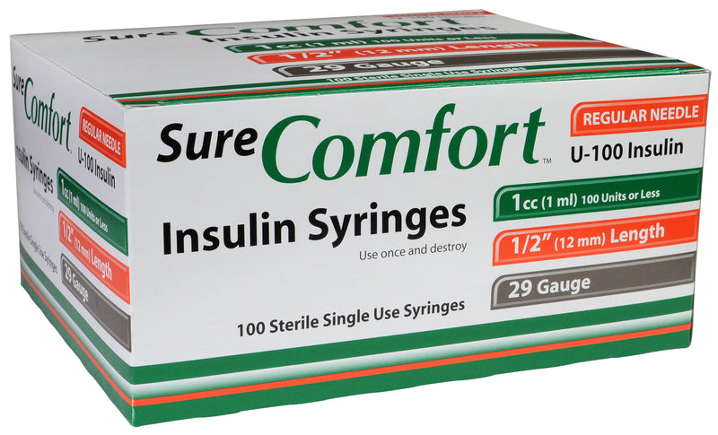 Sure Comfort Insulin Syringe, 29g, 1/2in (12mm), 1cc - BeHope