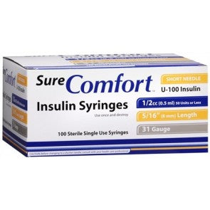 BX/100 SURE COMFORT INSULIN SYRINGE, 28G, 5/16IN (8MM), 1CC (UNIT BLISTER PACK) - BeHope