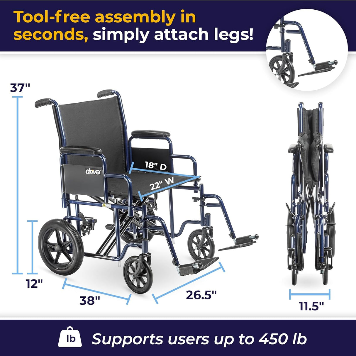 Bariatric Heavy Duty Transport Wheelchair with Swing Away Footrest