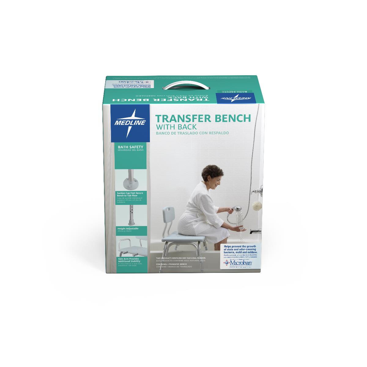 Medline Aluminum Bath Transfer Bench With Back Microban Treated