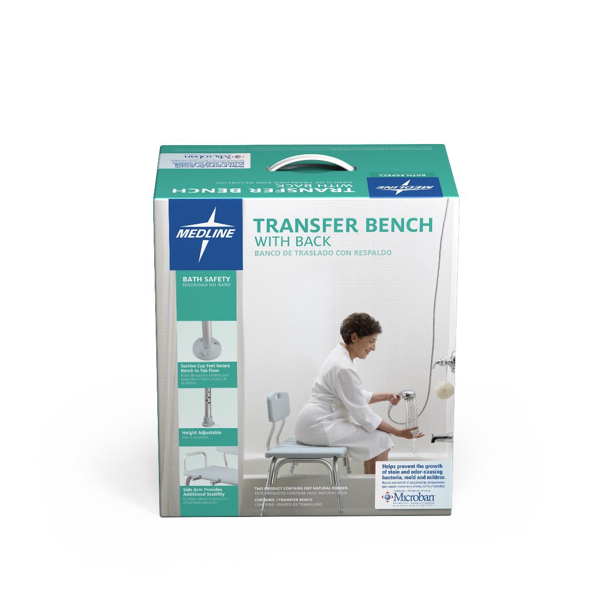 Medline Aluminum Bath Transfer Bench With Back Microban Treated