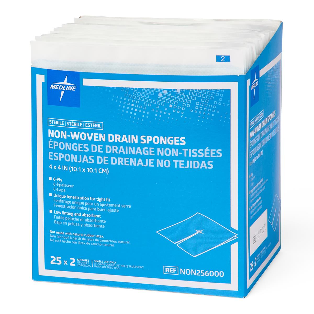 Medline Sterile Nonwoven Gauze Drain Sponges Premium 6-ply 4" x 4"