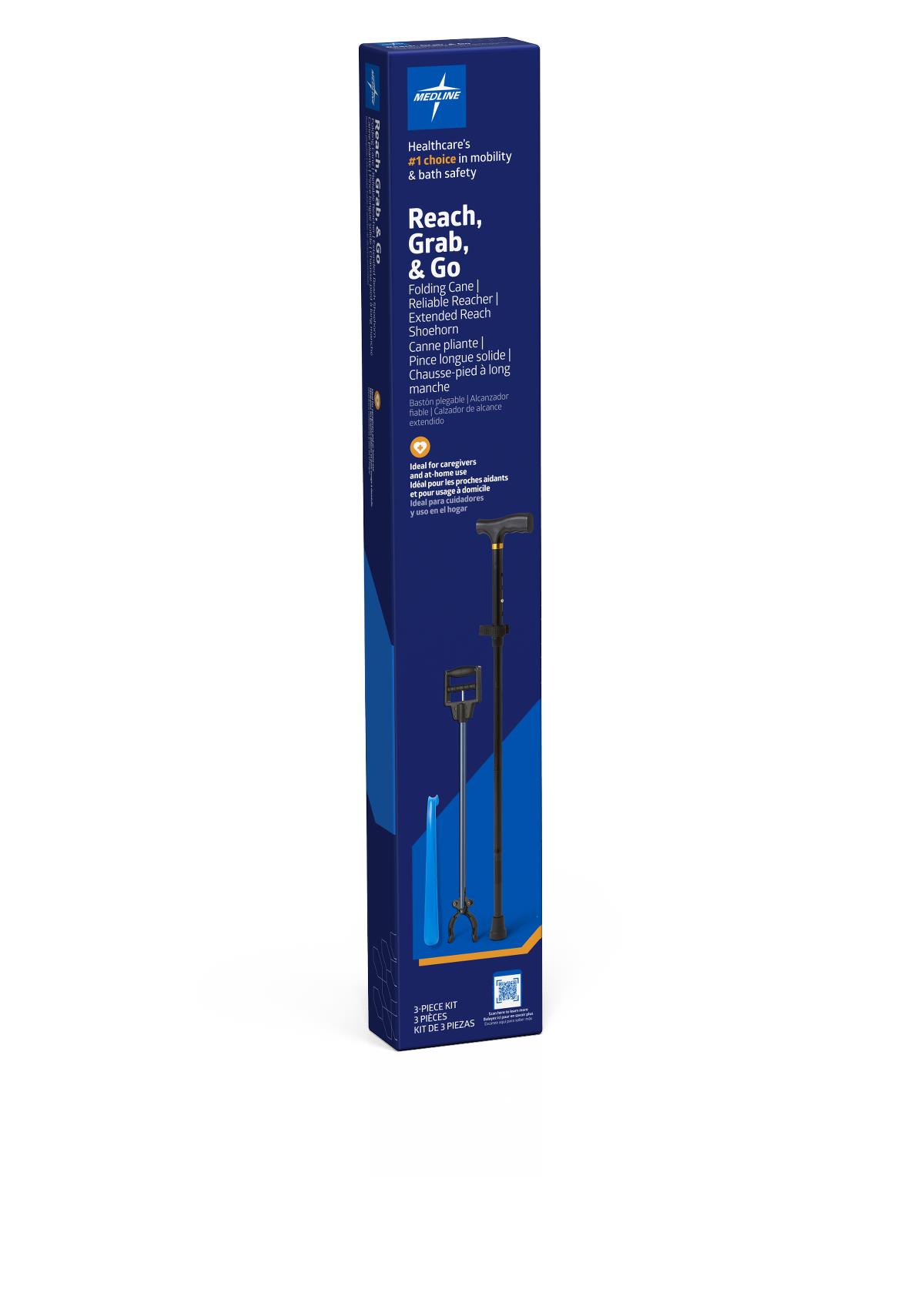 3 Piece Daily Living Aid Kit With Cane (mds86430wh) Reacher (mds86031rceh) And Shoehorn (mdsr020006) Each