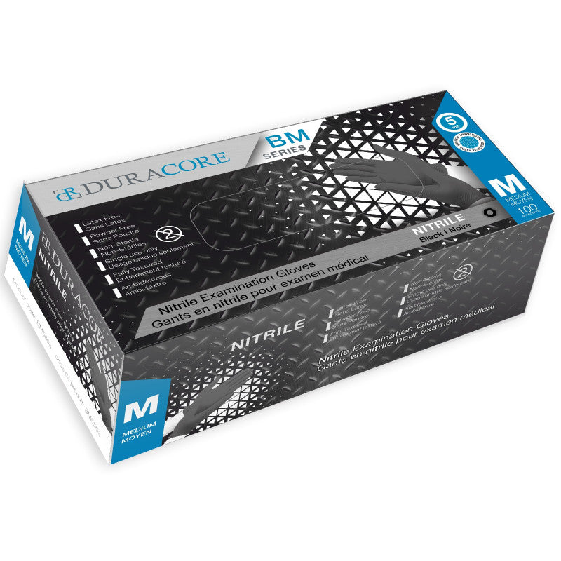 Duracore Black Nitrile Examination Gloves, 5 Mil, Fully Textured - BeHope