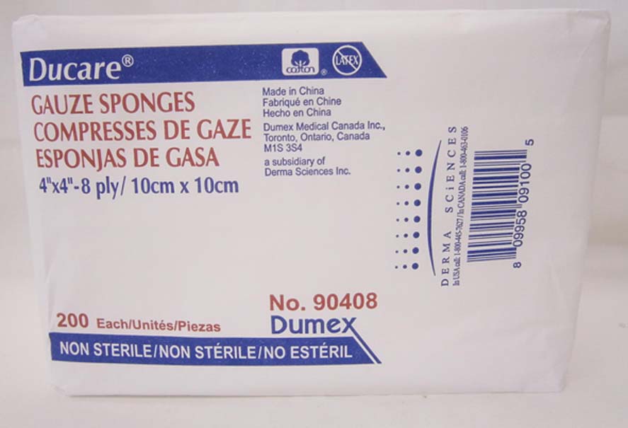 Paquet de 200 éponges de gaze tissées Ducare 4 po x 4 po, 8 plis, non stériles