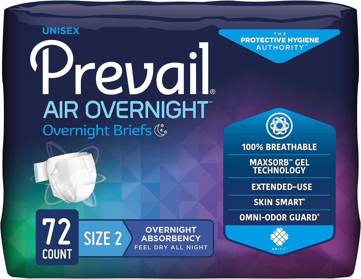 PREVAIL AIR OVERNIGHT EXTENDED-USE 100% BREATHABLE STRETCH SIDE PANEL BRIEF SIZE 2 LARGE/X-LARGE 45"-62" WAIST BAG OF 18 EACH CASE/72 EACH - Behope