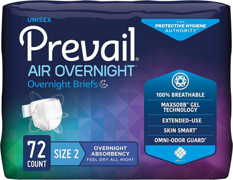 PREVAIL AIR OVERNIGHT EXTENDED-USE 100% BREATHABLE STRETCH SIDE PANEL BRIEF SIZE 2 LARGE/X-LARGE 45"-62" WAIST BAG OF 18 EACH CASE/72 EACH - Behope
