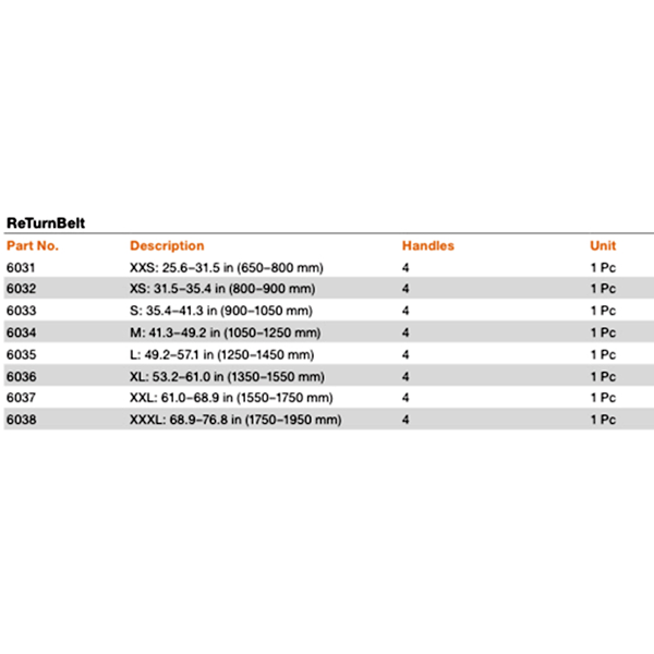 Return Belt chart size