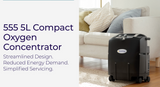 A black DeVilbiss 555 5L Compact Oxygen Concentrator shown in a living room setting next to a white sofa, with text on the left describing its features.