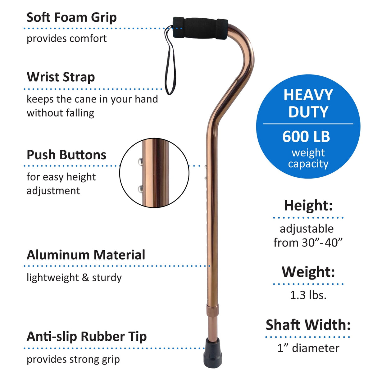 Foam Grip Offset Handle Walking Cane, Bronze - BeHope