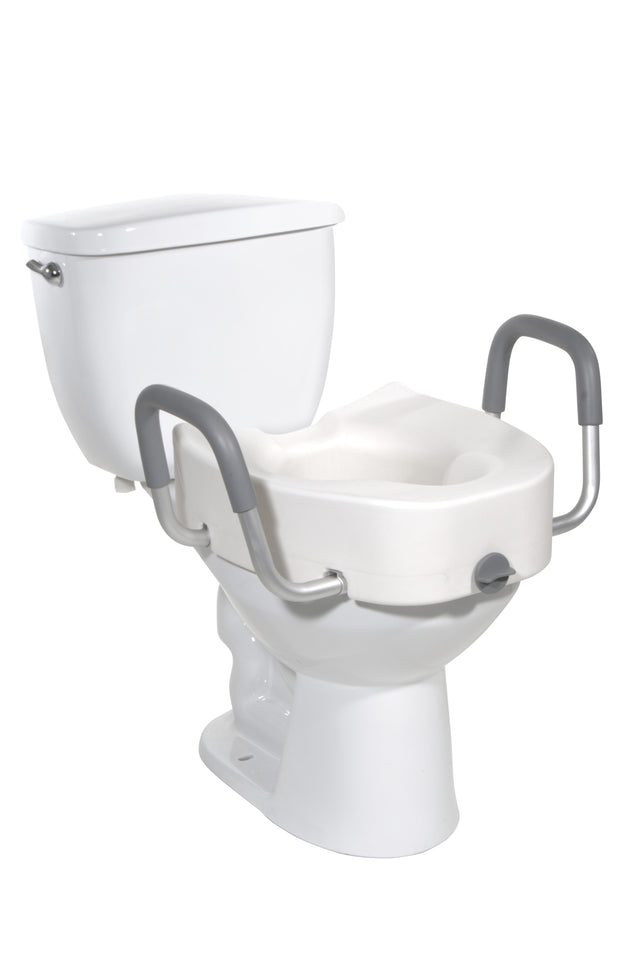 Premium Plastic Raised Toilet Seat With Lock And Padded Armrests, Elongated - BeHope