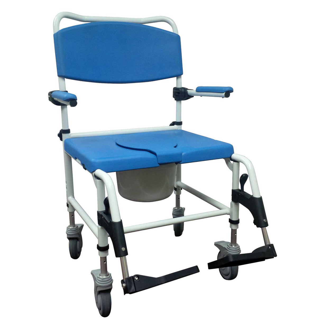 Silla de ducha con inodoro para rehabilitación bariátrica de aluminio con dos ruedas traseras con bloqueo