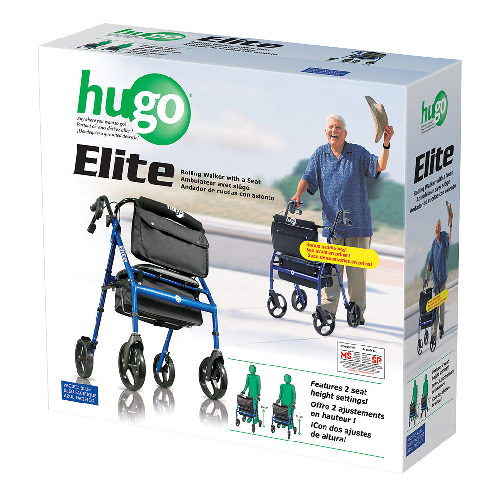 Elite Rollator Rolling Walker with Seat, Backrest and Saddle Bag