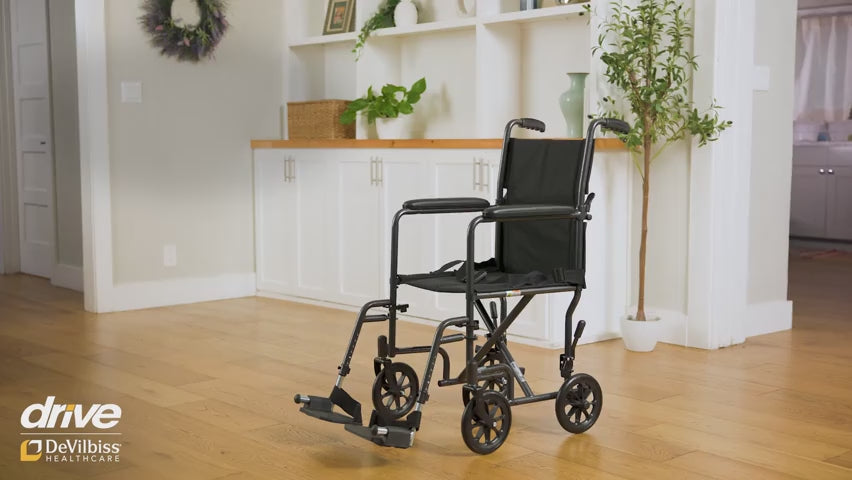 Lightweight Steel Transport Wheelchair, Fixed Full Arms, 17" Seat - Behope
