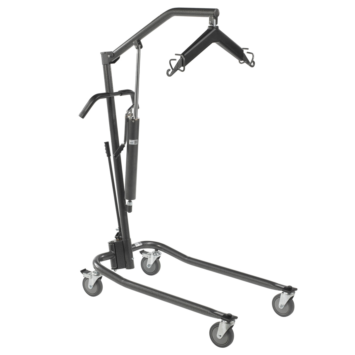 Elevador hidráulico para pacientes con soporte de seis puntos, ruedas de 5", veta plateada