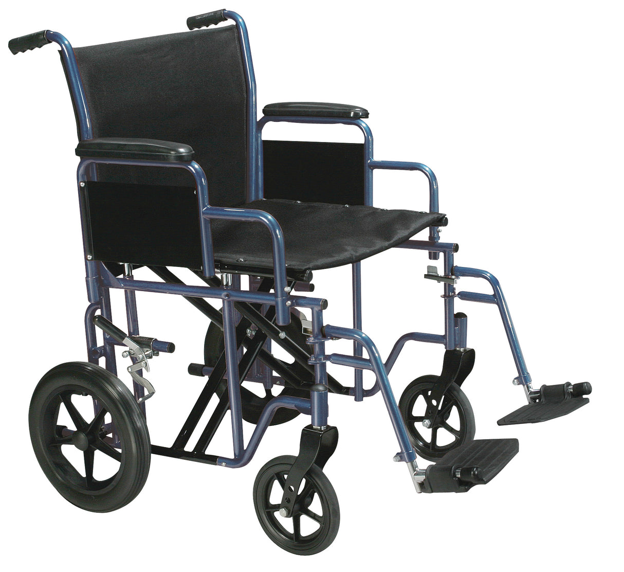 Silla de ruedas de transporte bariátrica de alta resistencia con reposapiés abatible, asiento de 20", color azul