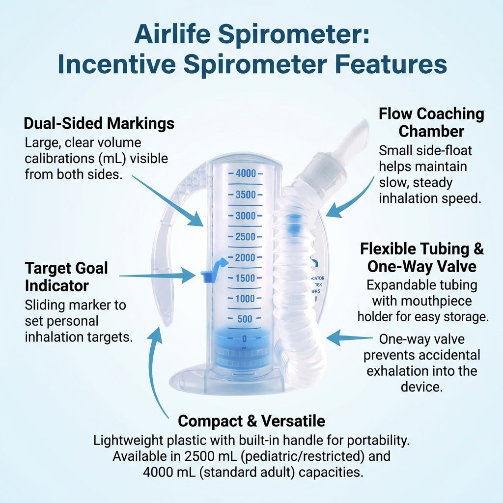 (Caja de 12) Espirómetro incentivador volumétrico Airlife con válvula unidireccional, tubo flexible de 4000 ml con soporte para boquilla