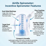 (Caja de 12) Espirómetro incentivador volumétrico Airlife con válvula unidireccional, tubo flexible de 4000 ml con soporte para boquilla