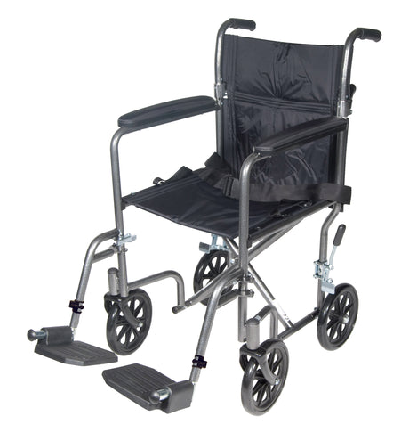 Silla de ruedas de transporte ligera de acero, brazos fijos completos, asiento de 17"